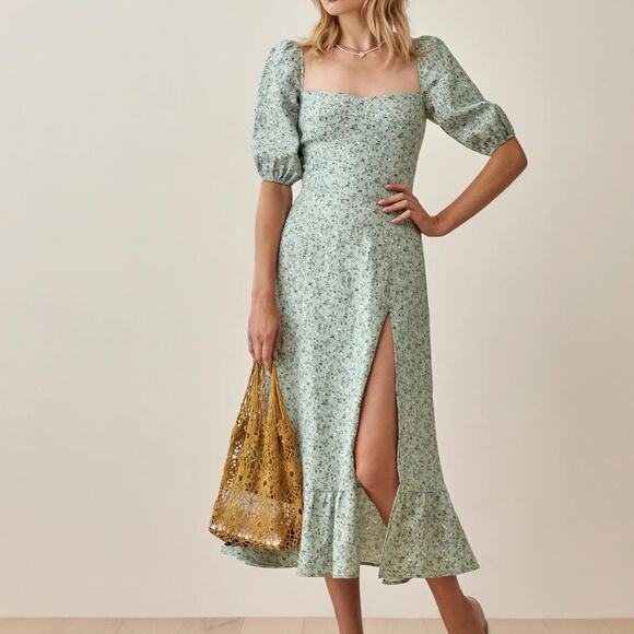 Reformation Sz 8 Belgium Linen Dress Mint Floral Slit Puff Sleeve EXCELLENT - Picture 1 of 8